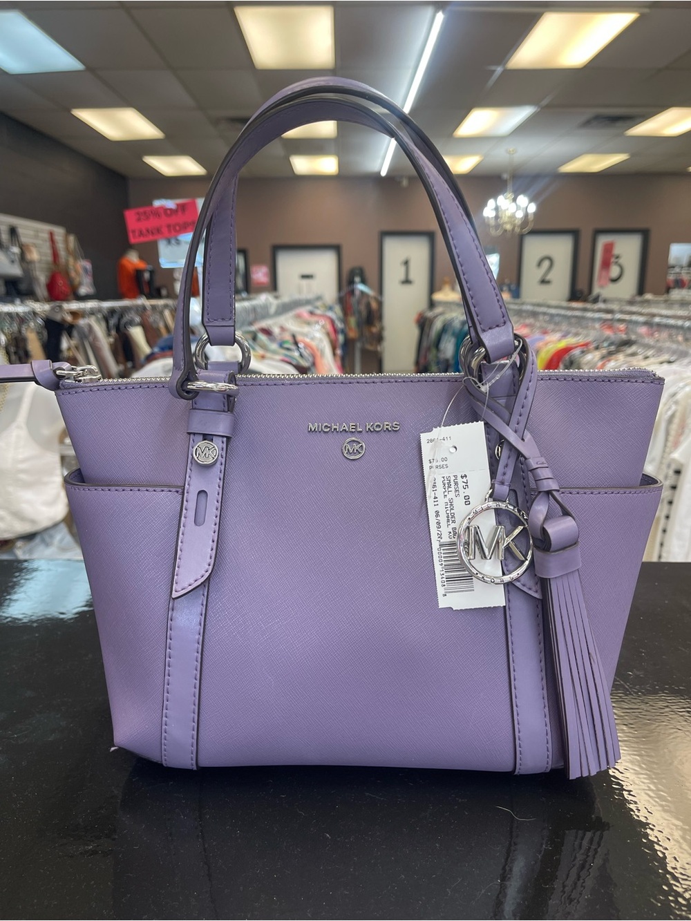 Michael Kors Lavender Saffiano Satchel with Tassel Charm